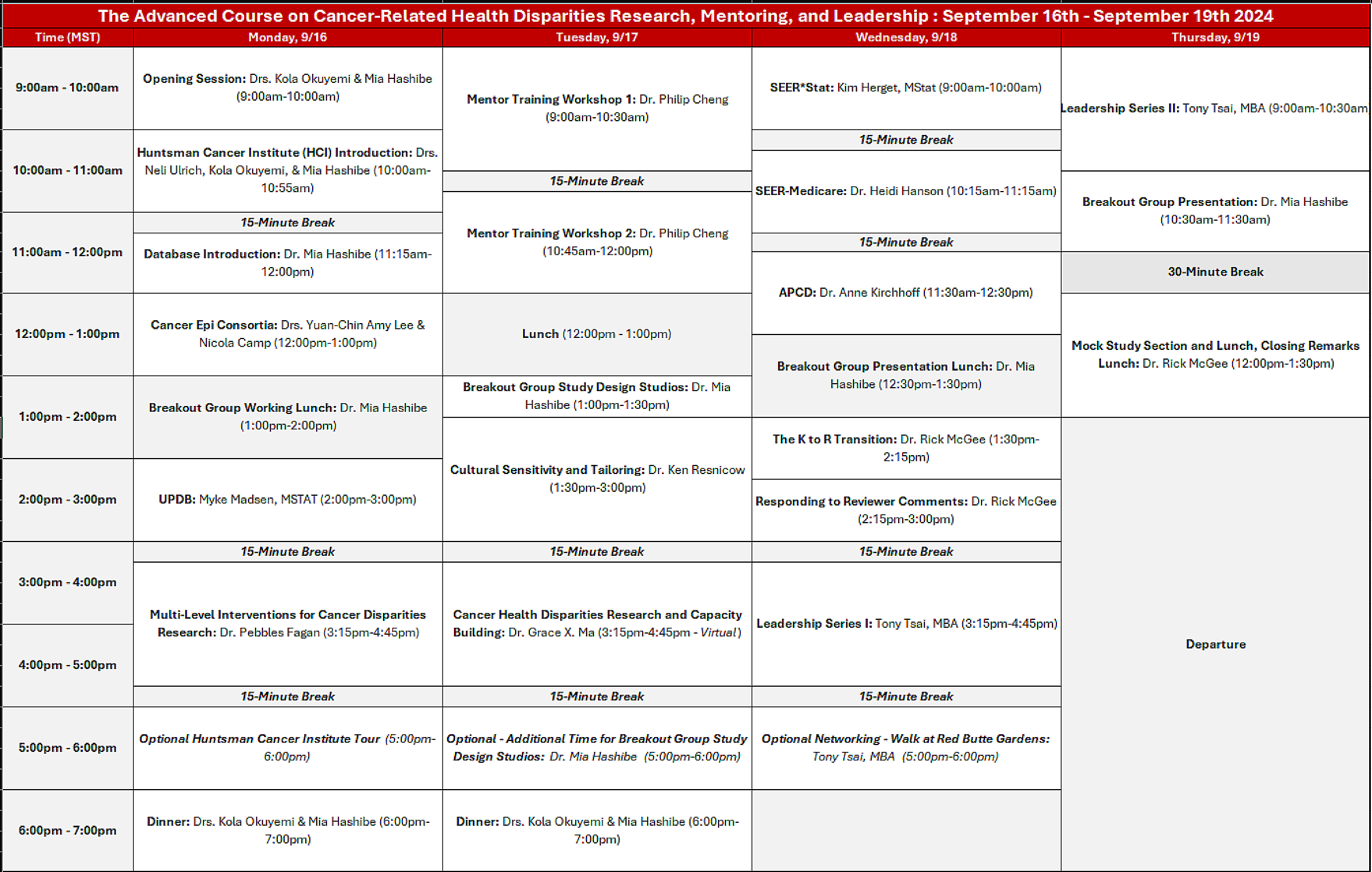 Image of the course calendar for the Utah Advanced Course - Fall 2023